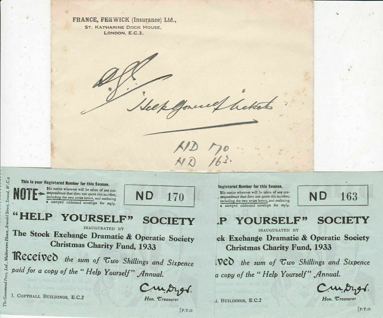 Help Yourself Society 1933 Reg No.s on Tickets Daily Mirror Ad+Envelope Rf 33413