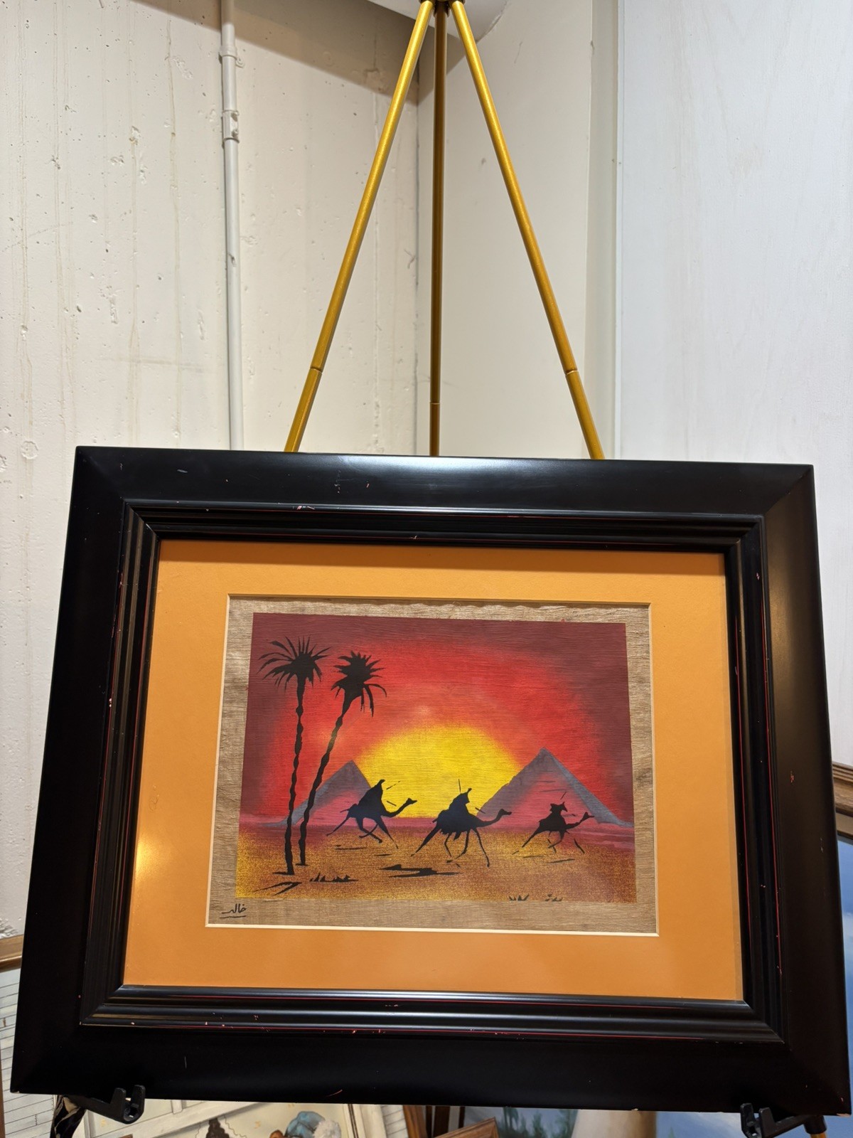 Vintage Original Egyptian Papyrus Painting Signed Camel Pyramids Egypt Framed