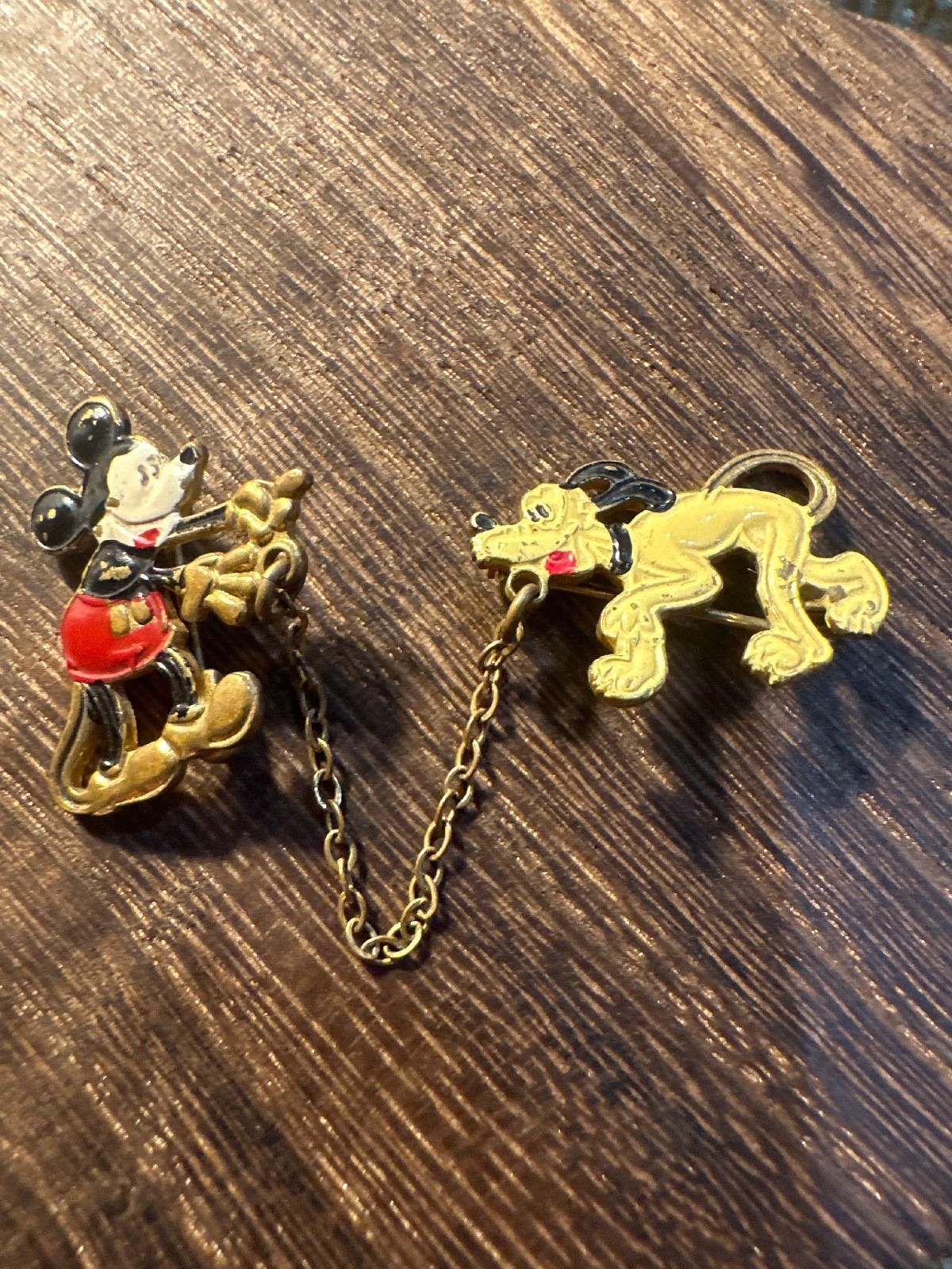 Vintage 1930s Disney Mickey Mouse & Pluto Sweater Pin Chain Rare WD