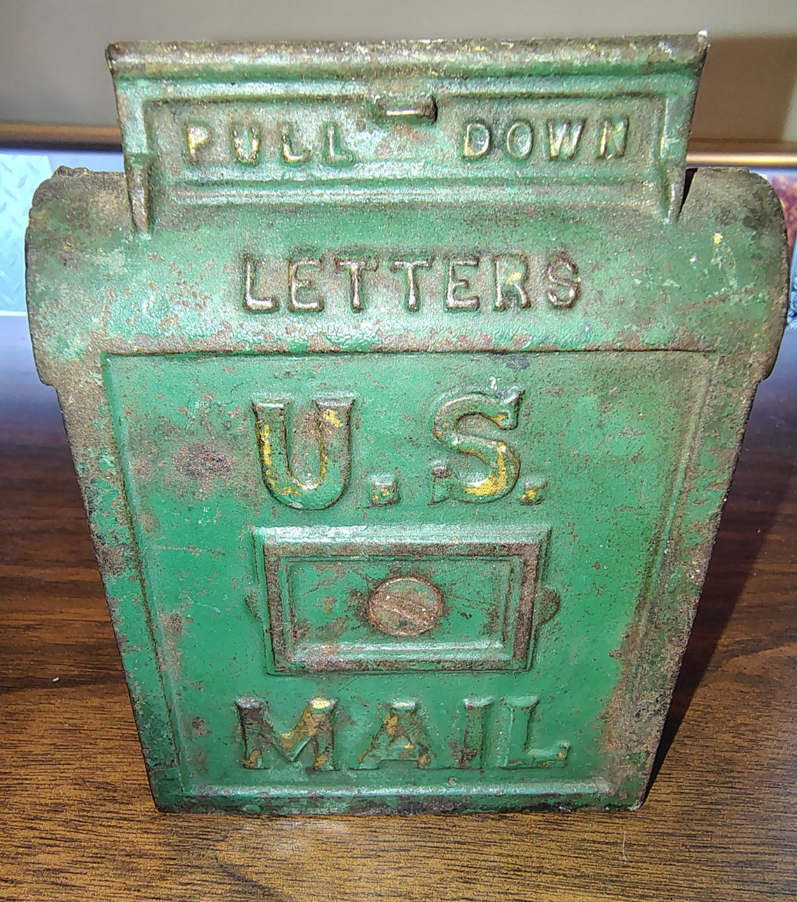 Vintage Green Cast Iron US Mail drop box still bank/piggy bank.