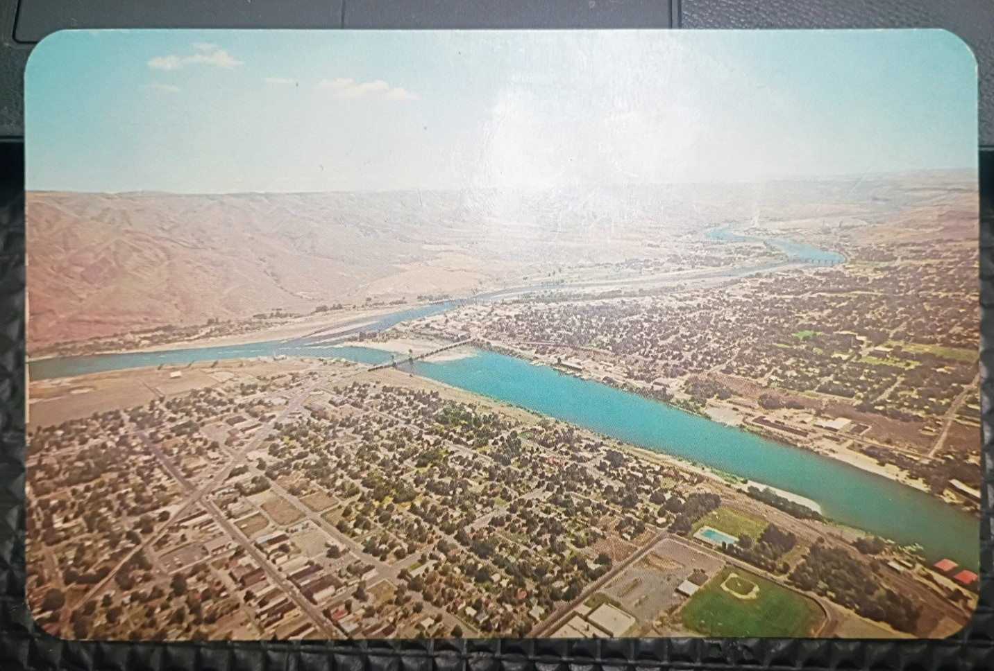 Vintage Aerial Clarkston WA Snake River Lewiston ID Spiral Highway Postcard 60s
