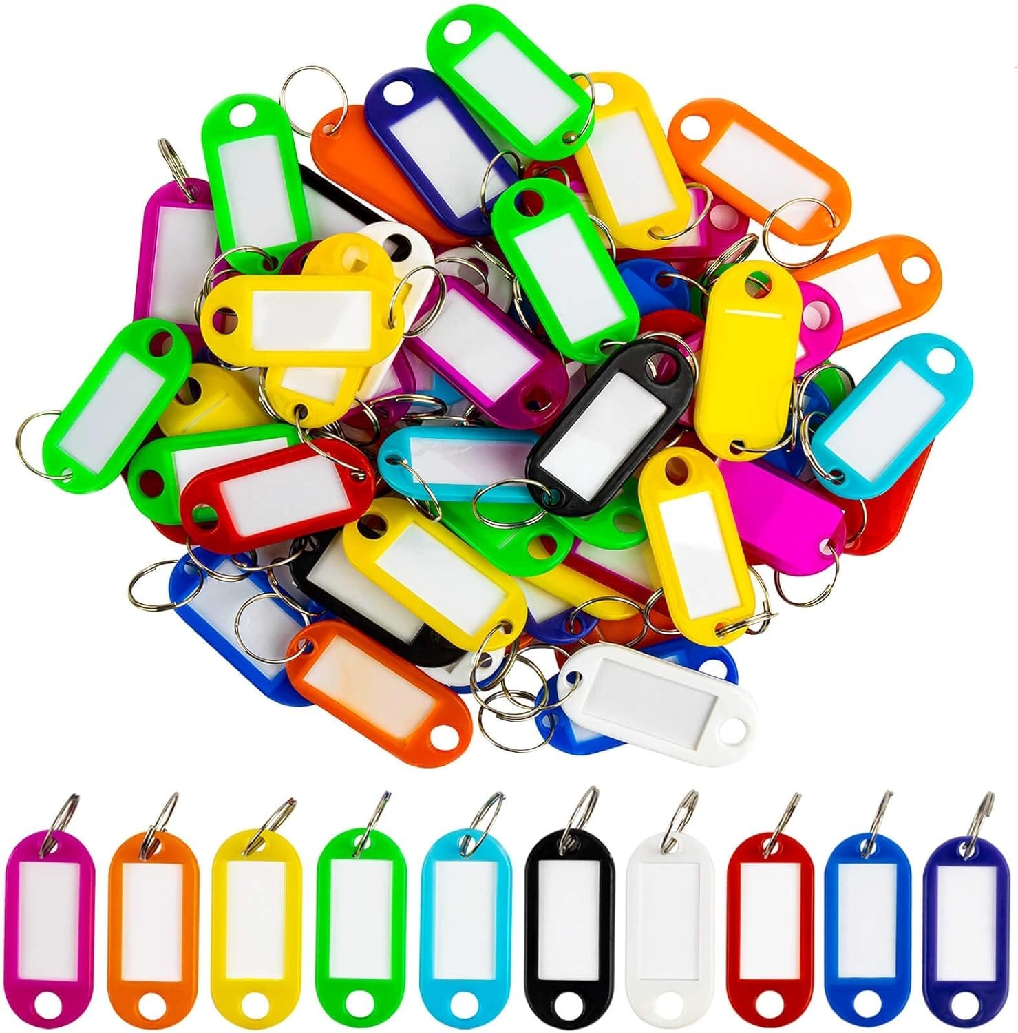 50 Pack Plastic Key Tags, Flexible Key Labels with Split Ring Label Window, Key