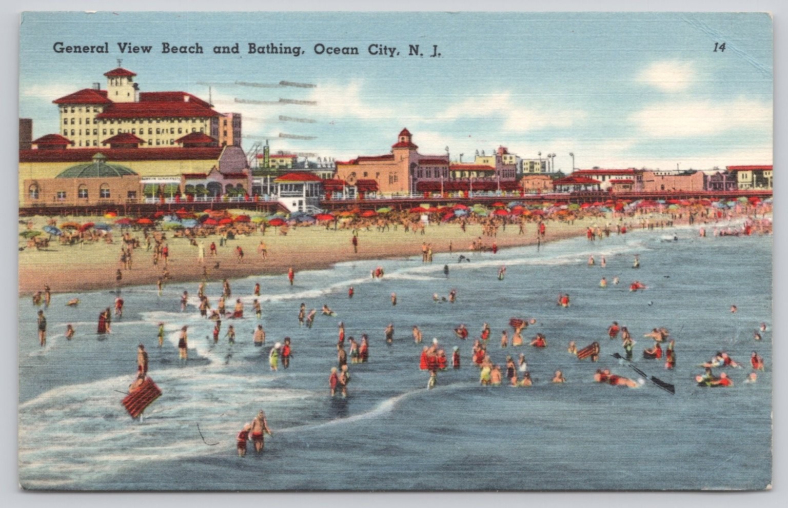 1958 Ocean City NJ Beach & Bathing Tichnor Postcard - Vintage New Jersey Shore