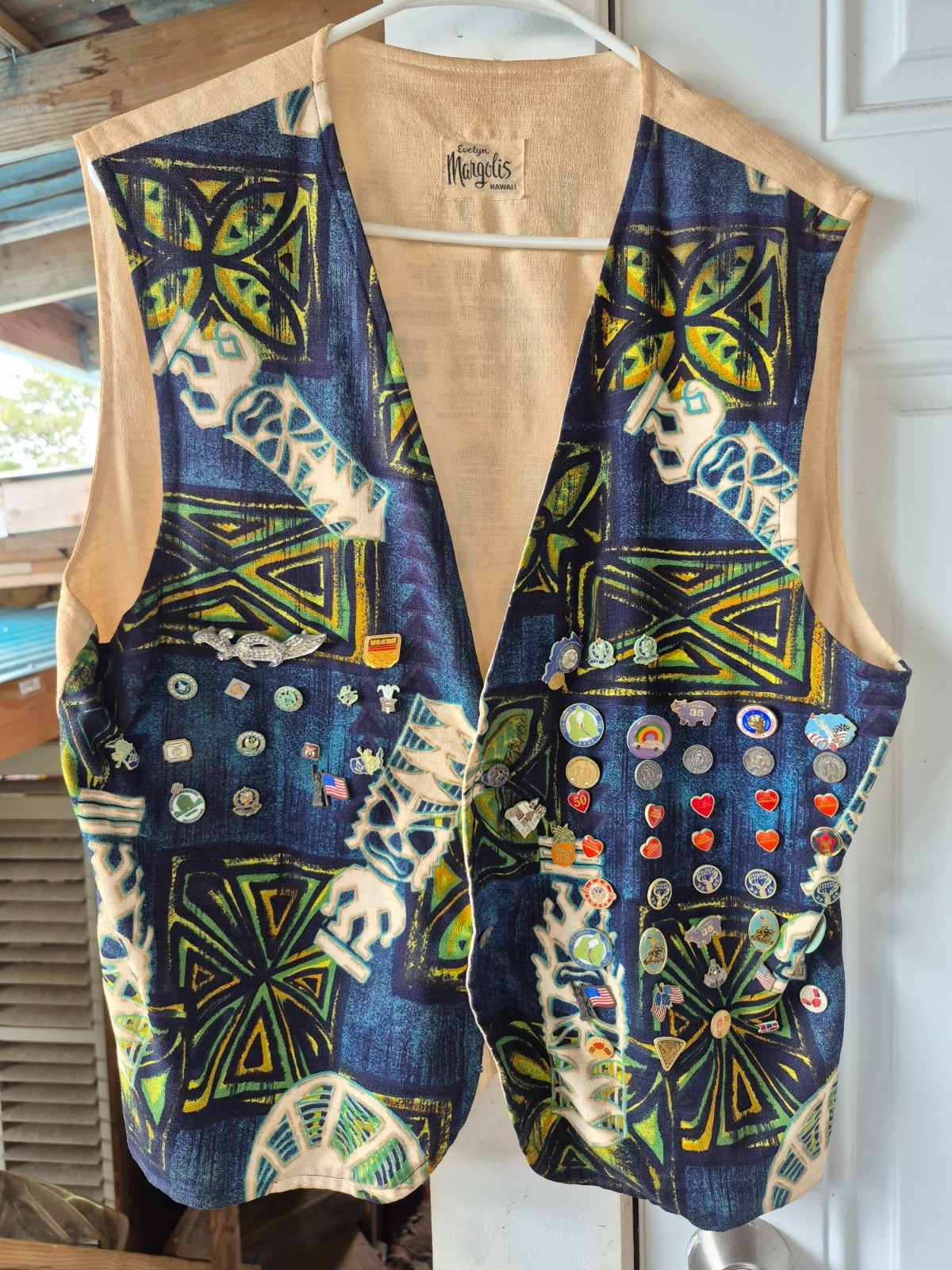 Vintage 1980\'s Hilo Elks Lodge Shriners Custom Barkcloth Vest Evelyn Margolis...