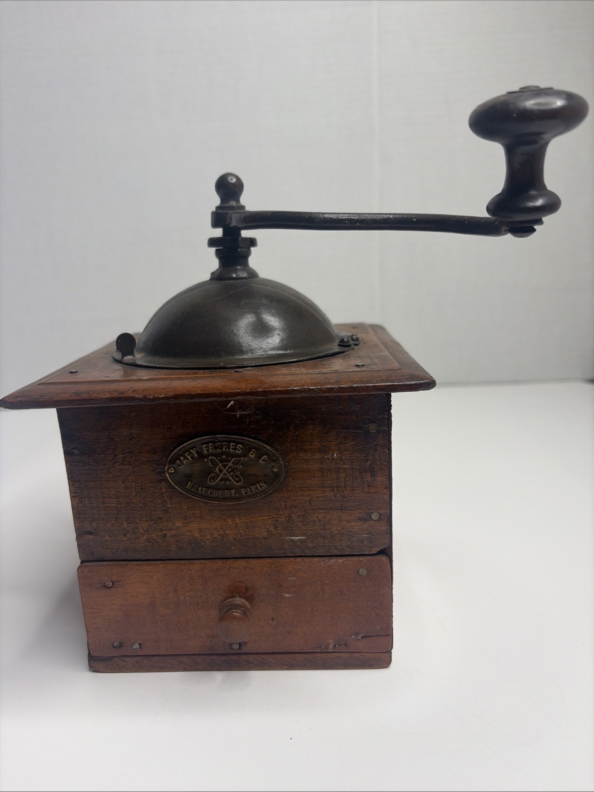 Antique Japy Freres Coffee Grinder Wooden Box Hand Crank French Mill Original