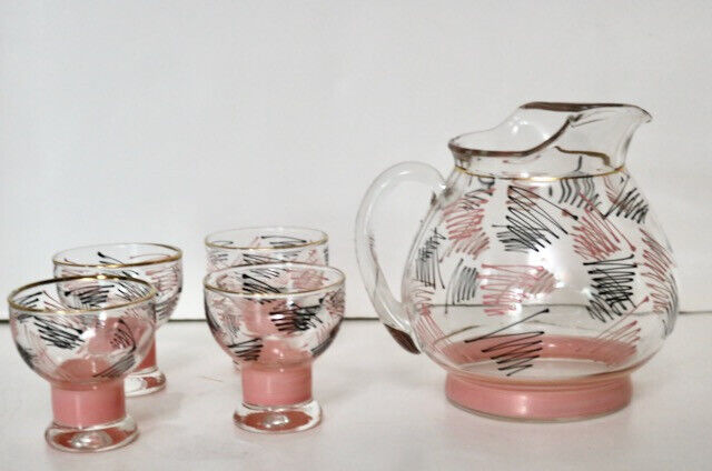 vintage hand painted MCM small glasses and pitcher pink and black