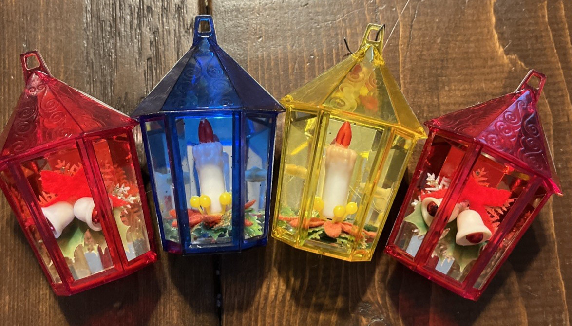4 Vtg Lantern Candle Bell Jewel Brite Christmas Diorama Ornament Grannycore MCM