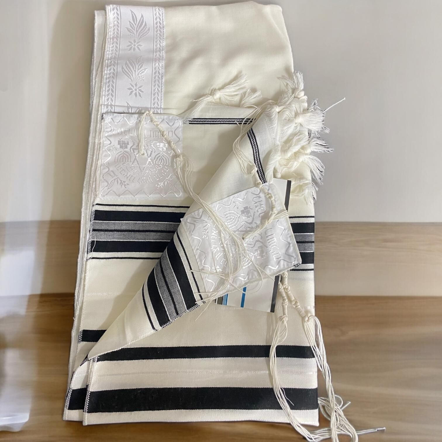 SUPER SALE  Wool Tallit Prayer Shawl Black & White Kosher Israel Jewish Model 65