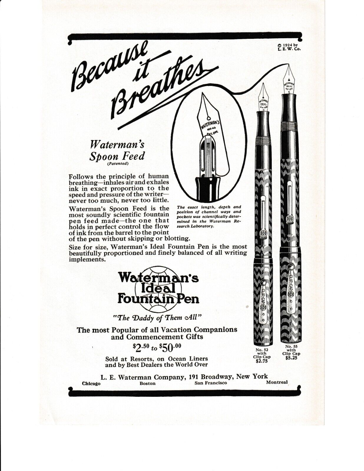 Waterman\'s Fountain Pen Print Ad 1924 Spoon Fed