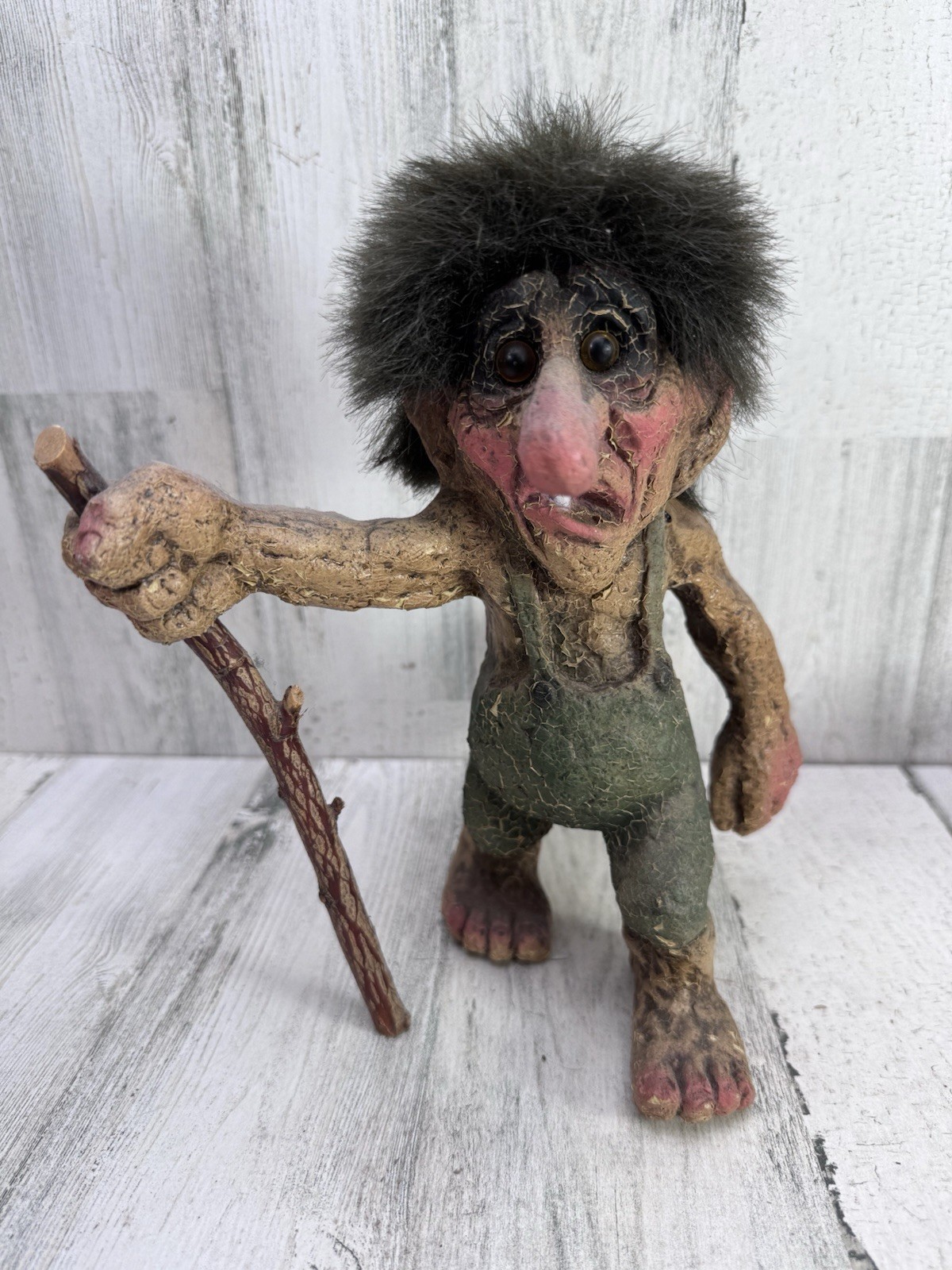 Vtg Nyform Scandinavian Troll Walker Figurine Folk Art Goblin Creature Cane Hair