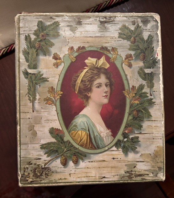 Antique Victorian Christmas Gift  Box Lady's Portrait Pine Bough Clusters Nice