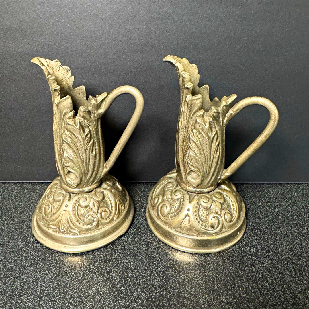 Vintage Art Nouveau Mini Ewer Candle Holders - Ornate Silver-Plated cast Bronze