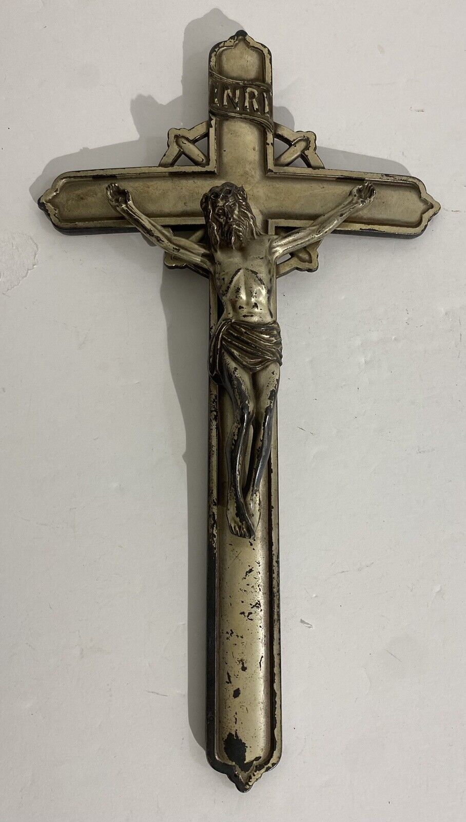 Vintage Antique Wall INRI Crucifix Cross Silver/Gold Color About 14” Tall