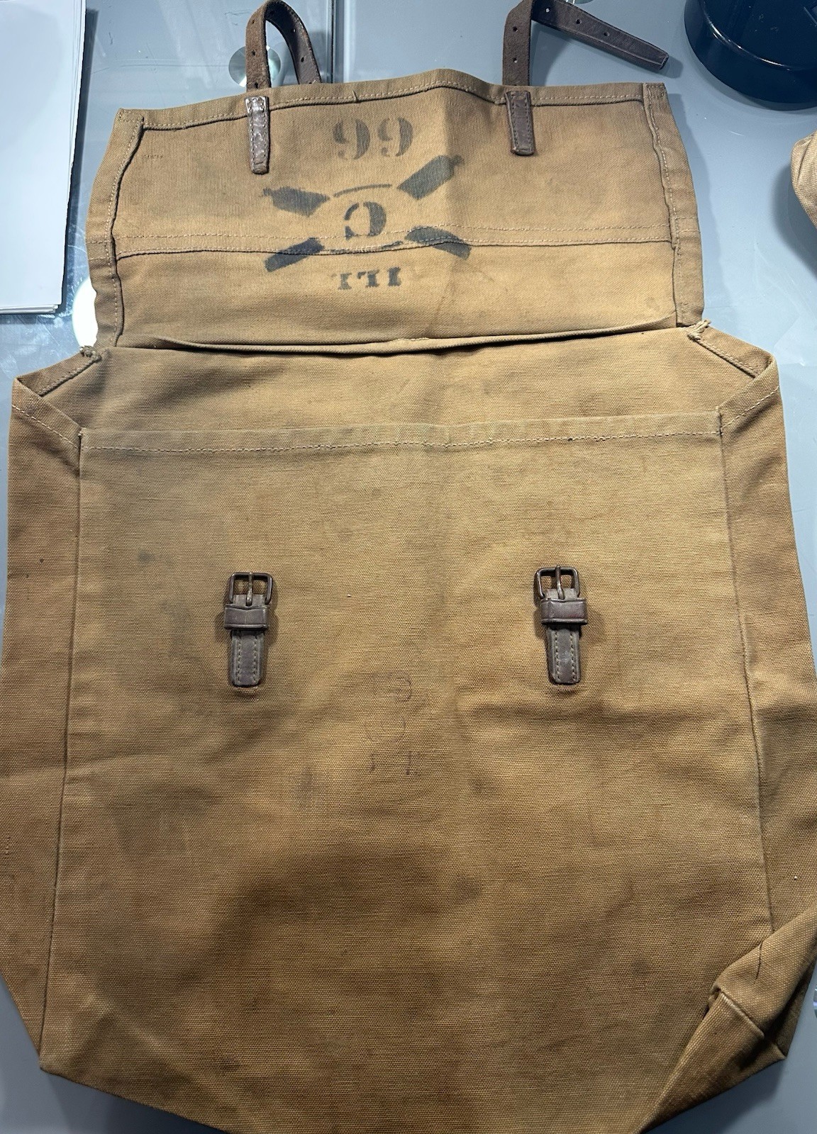 WW1 Heavy Canvas Artillery Rucksack - Haversack. W/Markings And Leather Straps