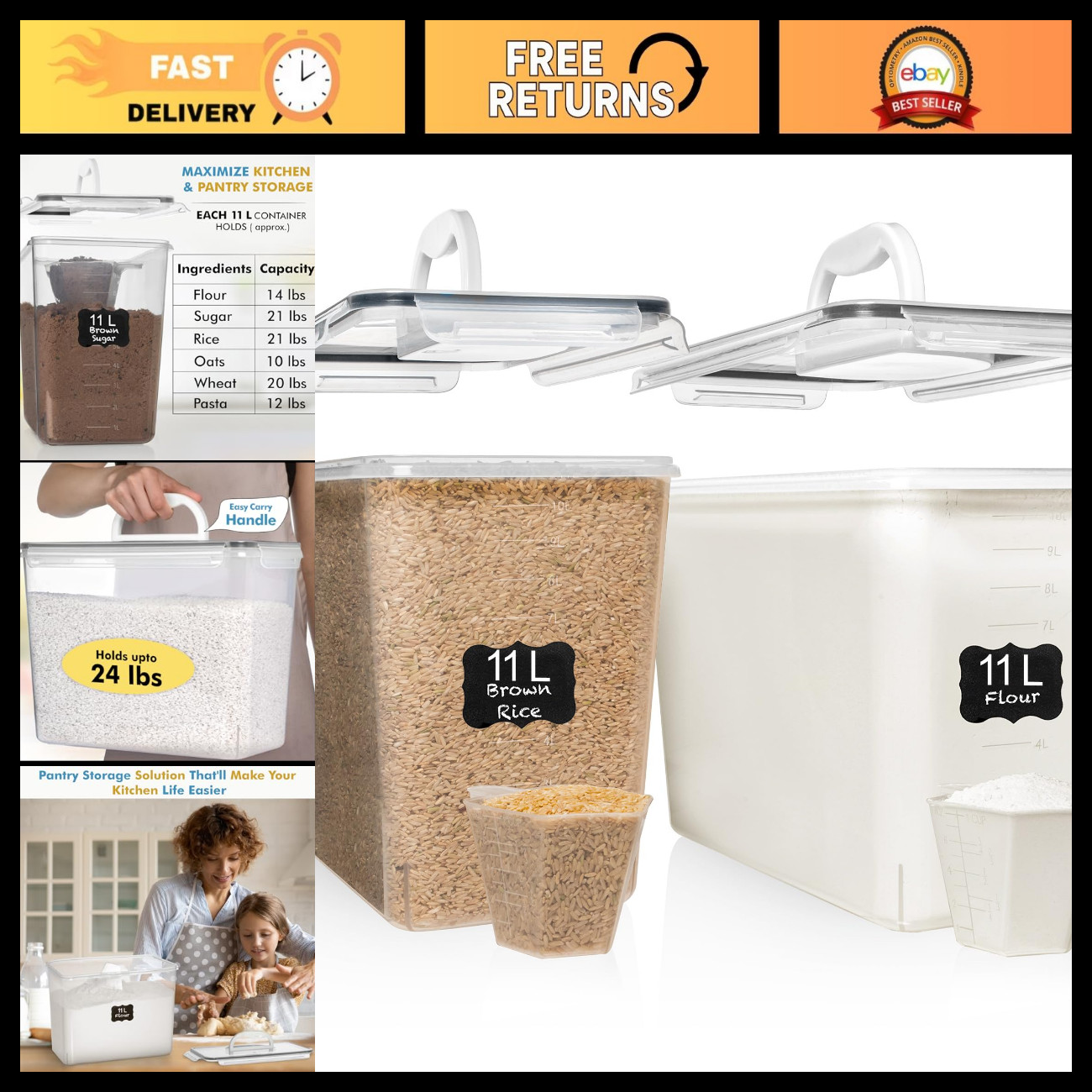 Shazo 2 PC (11L | 372 oz) Flour Sugar Storage Containers with Easy Carry Handle
