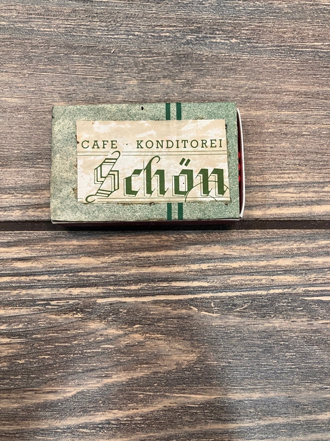 Cafe Konditorei Schön Vintage Green Stripe Label Matchbook Cafe Konditorei Schön Vintage Green Stripe Label Matchbook