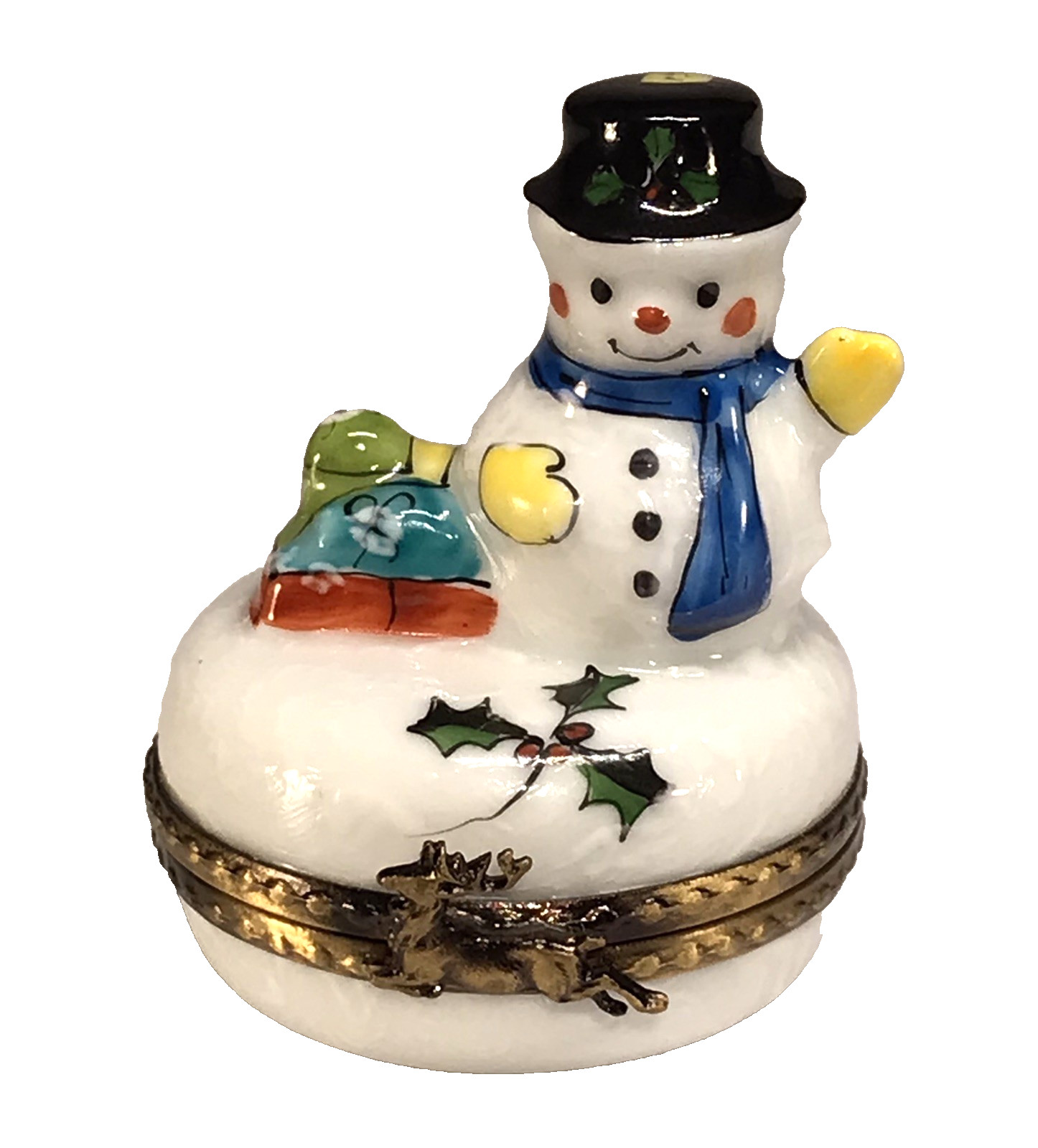 LIMOGES SNOWMAN TRINKET BOX - PEINT MAIN FRANCE - DEER CLASP - HOLLY INSIDE XLT