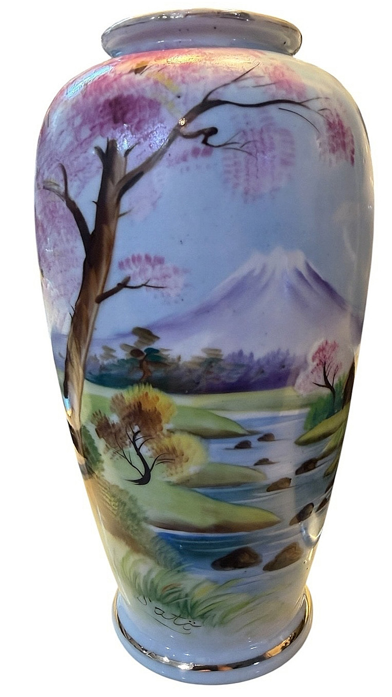 VINTAGE SATO JAPAN PORCELAIN HAND PAINTED VASE MT. FUJI CHERY BLOSSOMS SIGNED