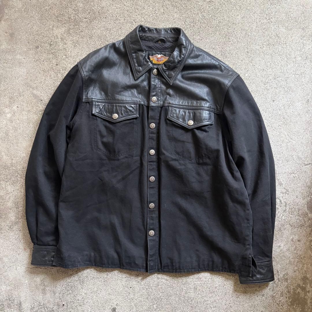 Harley-Davidson Black Denim Jacket Leather Trim Vintage 00s Excellent