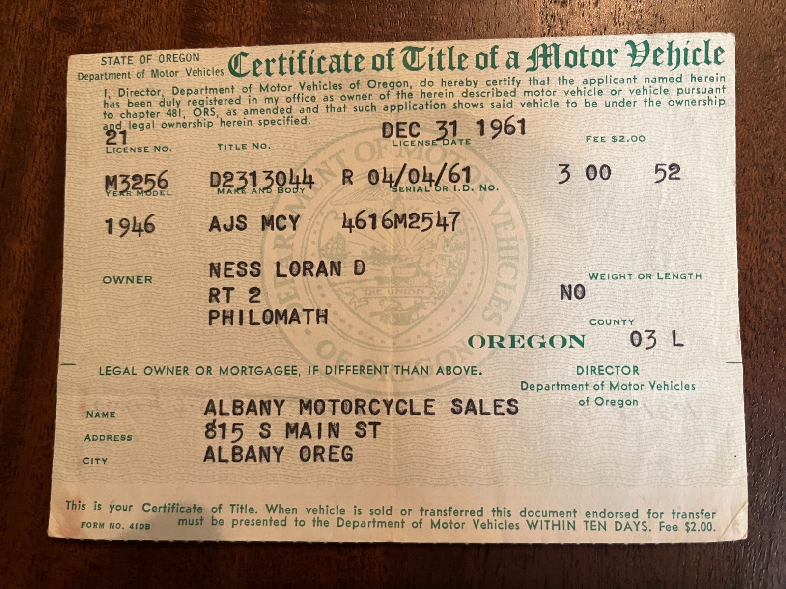 AJS MOTORCYCLE 1946 document TITLE 