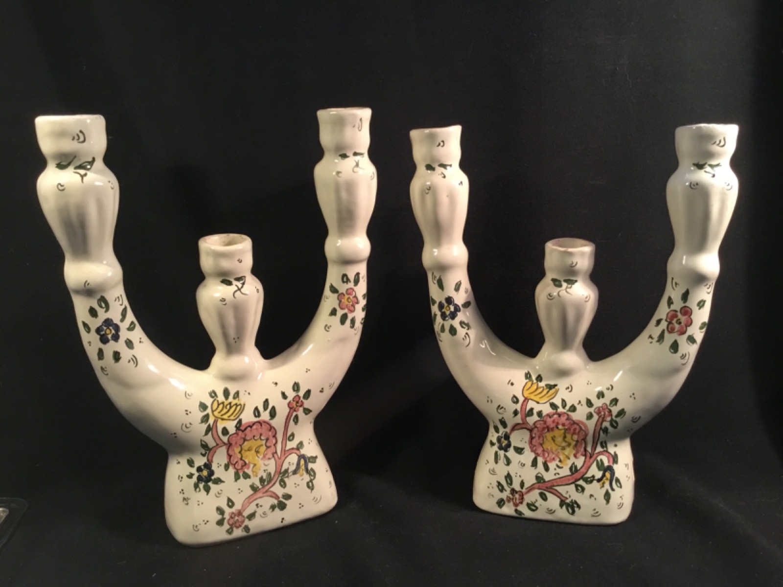 Antique French Handpainted Candleholders Initialed by Artist from Rouen Studio