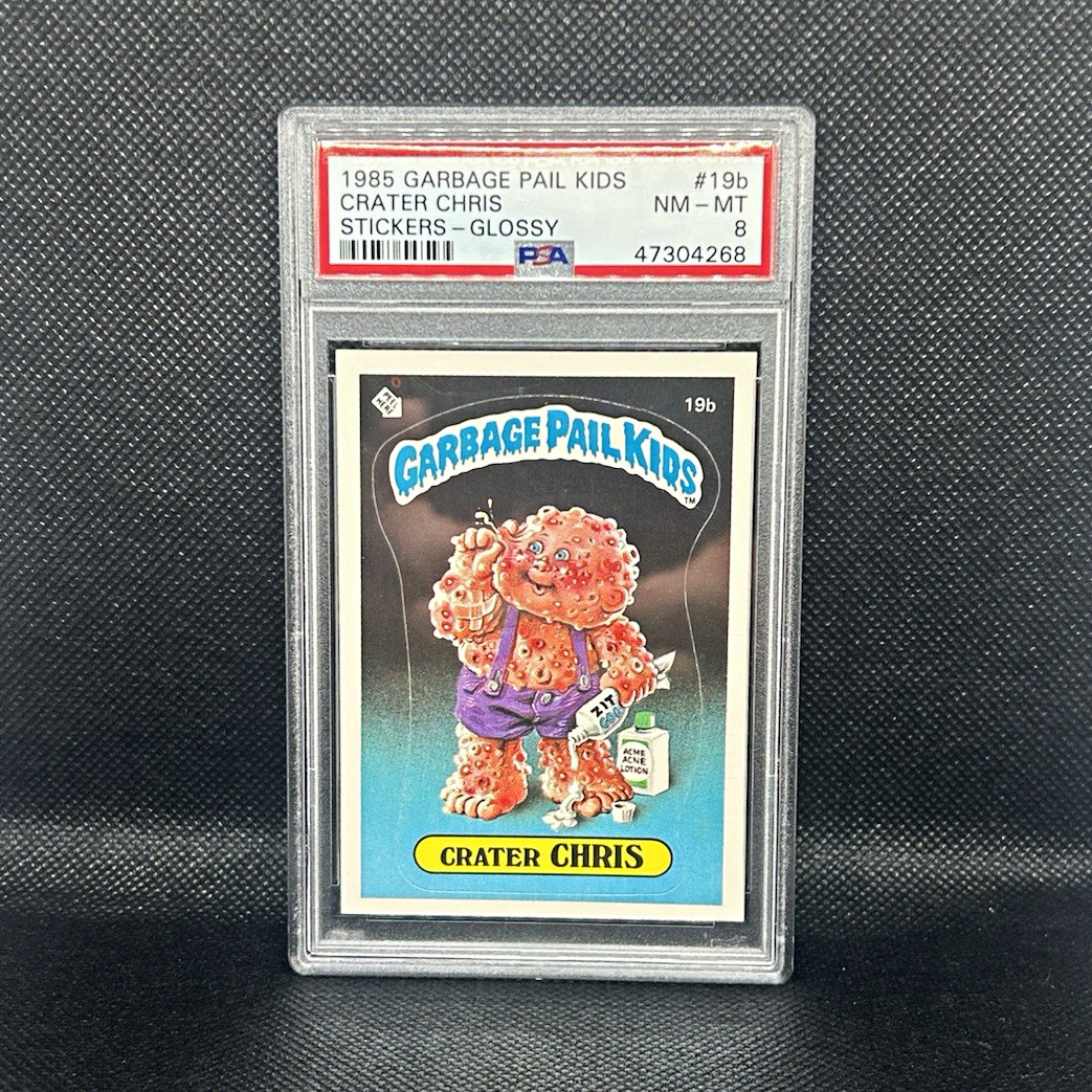 Topps 1985 Garbage Pail Kids Crater Chris #19b Glossy Sticker PSA 8