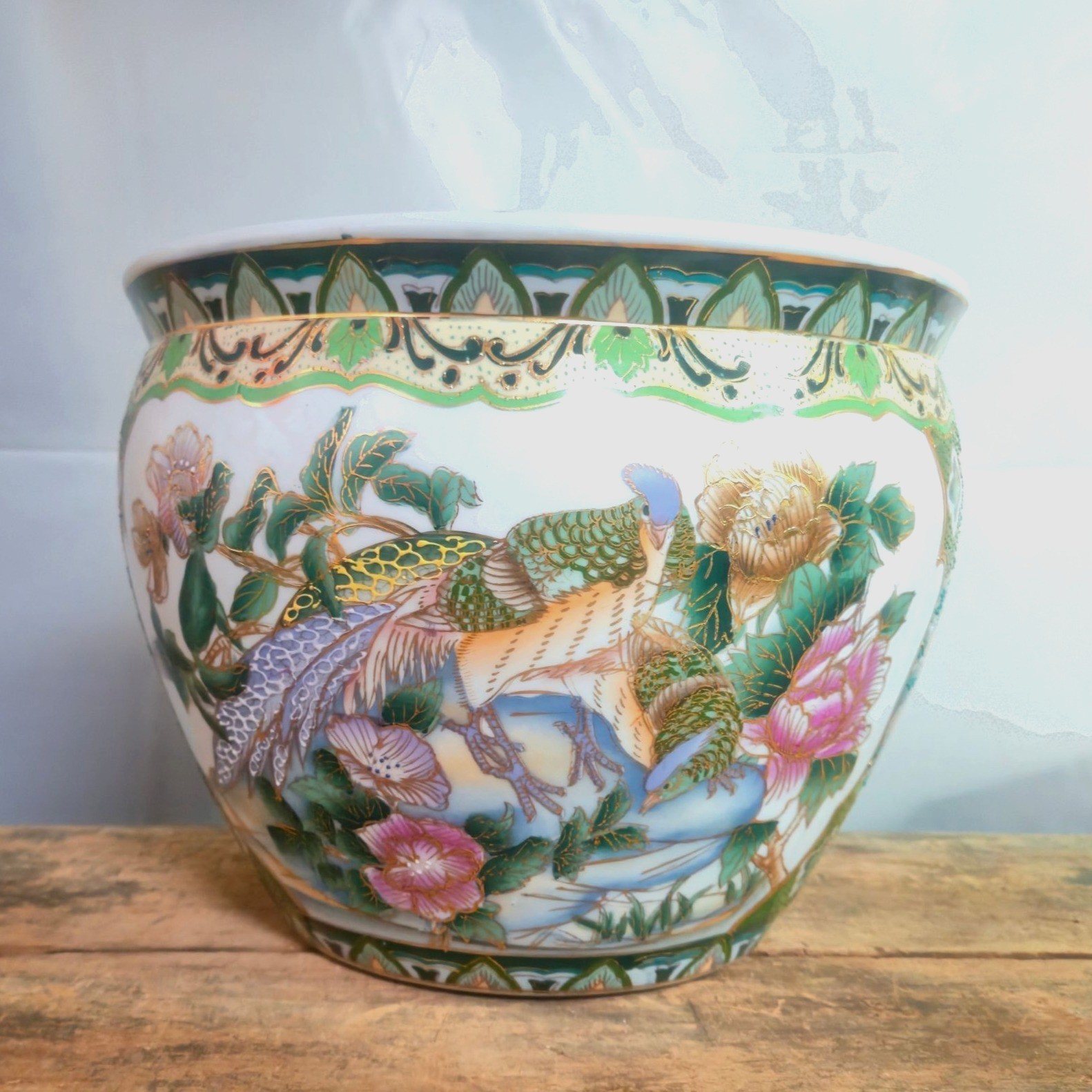 Vintage Satsuma Asian Fish Bowl Planter Chinoiserie Birds Koi Floral Gold gilt