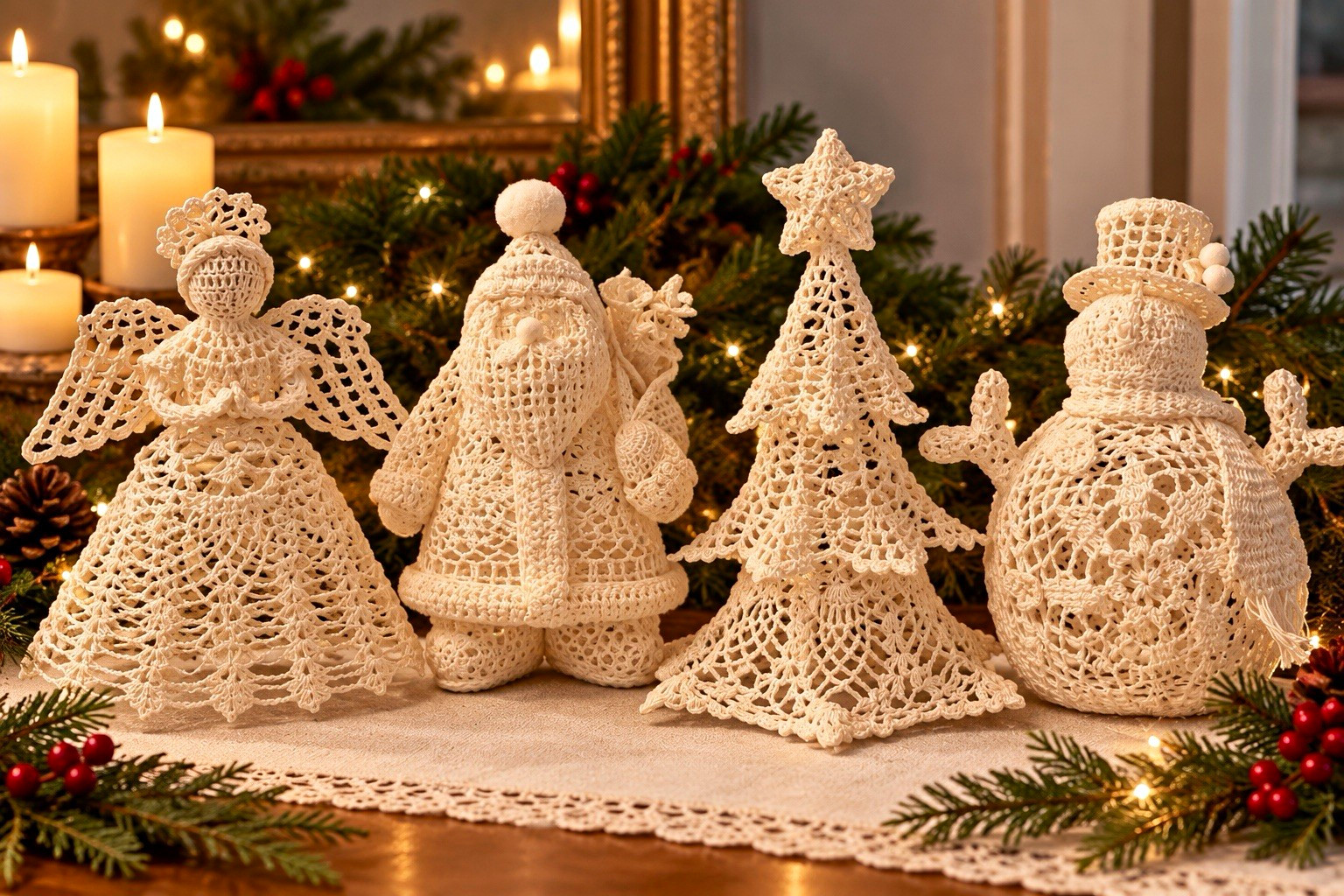 Handmade Crochet Christmas Figurines 4-Pack Angel Santa Tree Snowman Beige