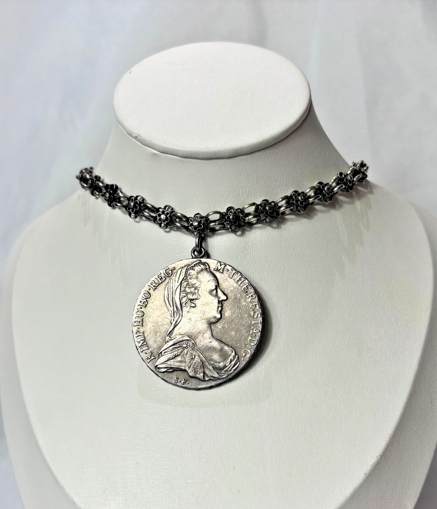 Antique Austrian Maria Theresa Thaler Sterling Silver Coin Necklace 55.73 Grams