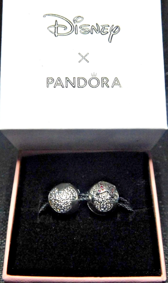 Pandora Mickey and Minnie Mouse Disney Clips w/ Pave CZs Set Of 2 With Box