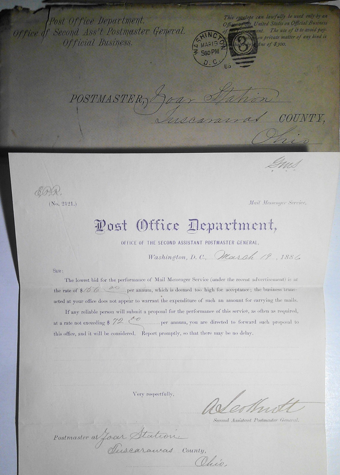 1886 Post Office Department Letter to Zoar Postmaster re. Mail Messenger Service