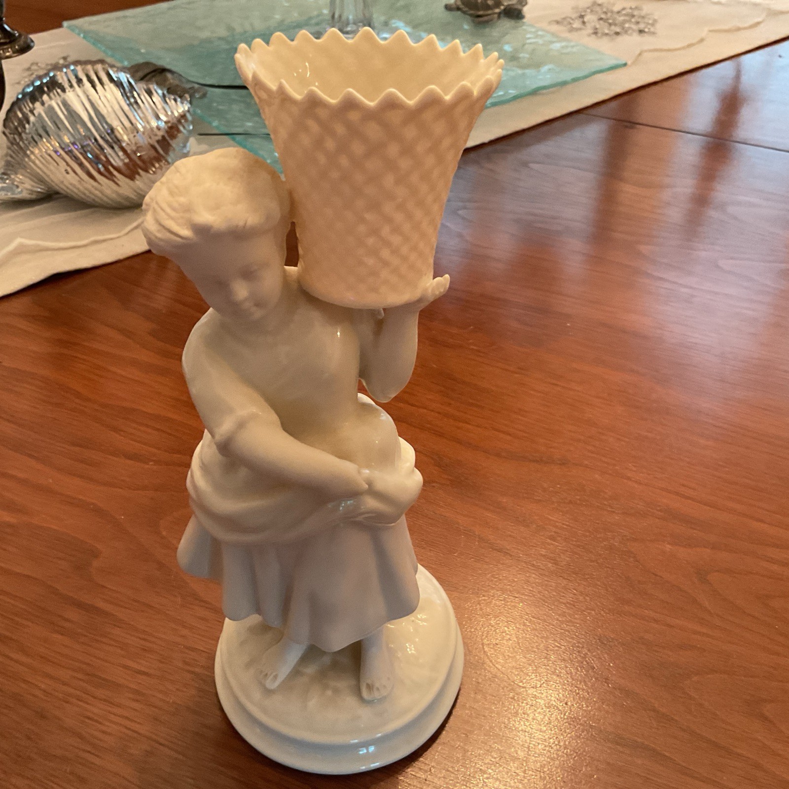 Belleek Ireland Porcelain Girl W/ Basket  Figurine Gloss White W/Matte Skin Tone