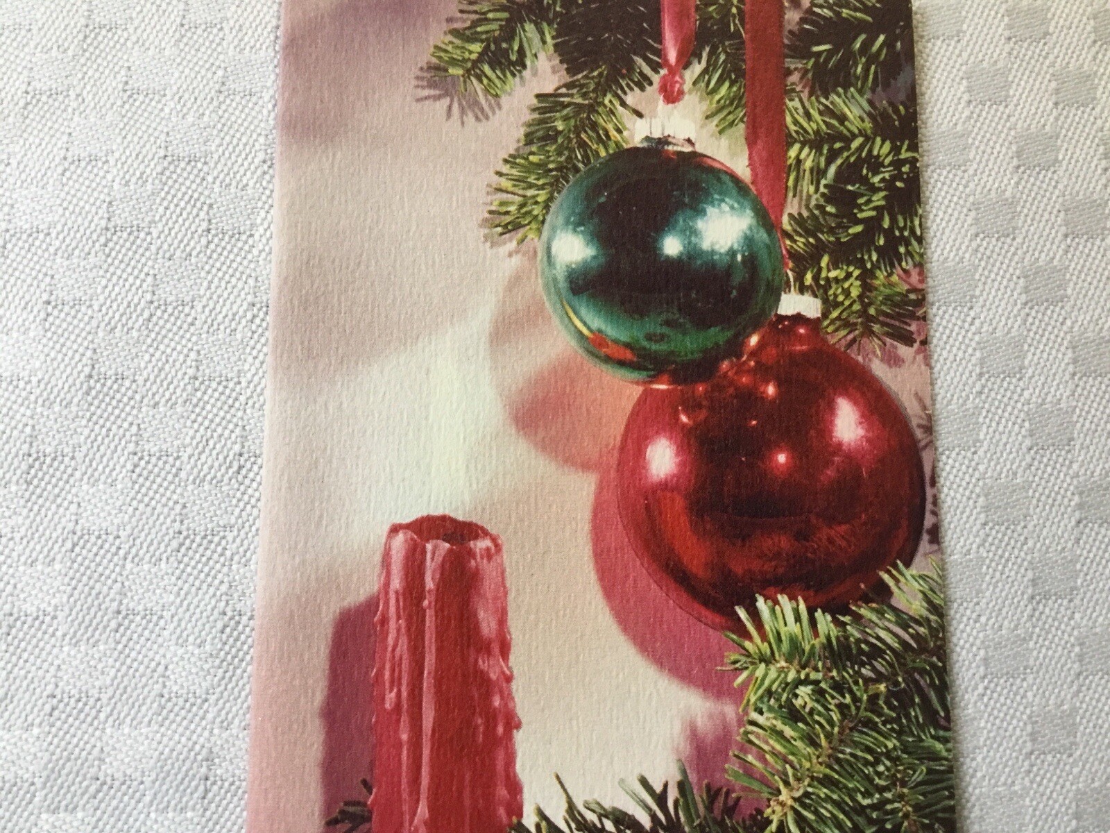 VTG 1960s Christmas Greeting Card Shiny ornaments red candle VTG 1960s Christmas Greeting Card Shiny ornaments red candle