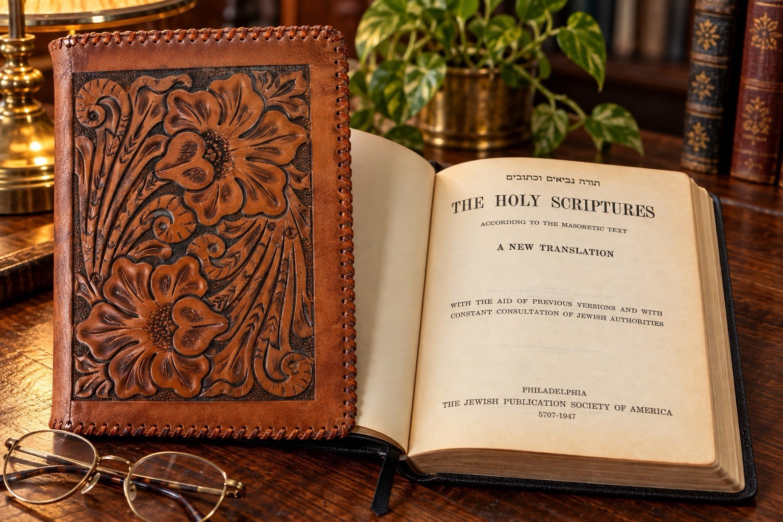 1947 Holy Scriptures Jewish Bible JPS Judaica Hand Tooled Leather Cover 