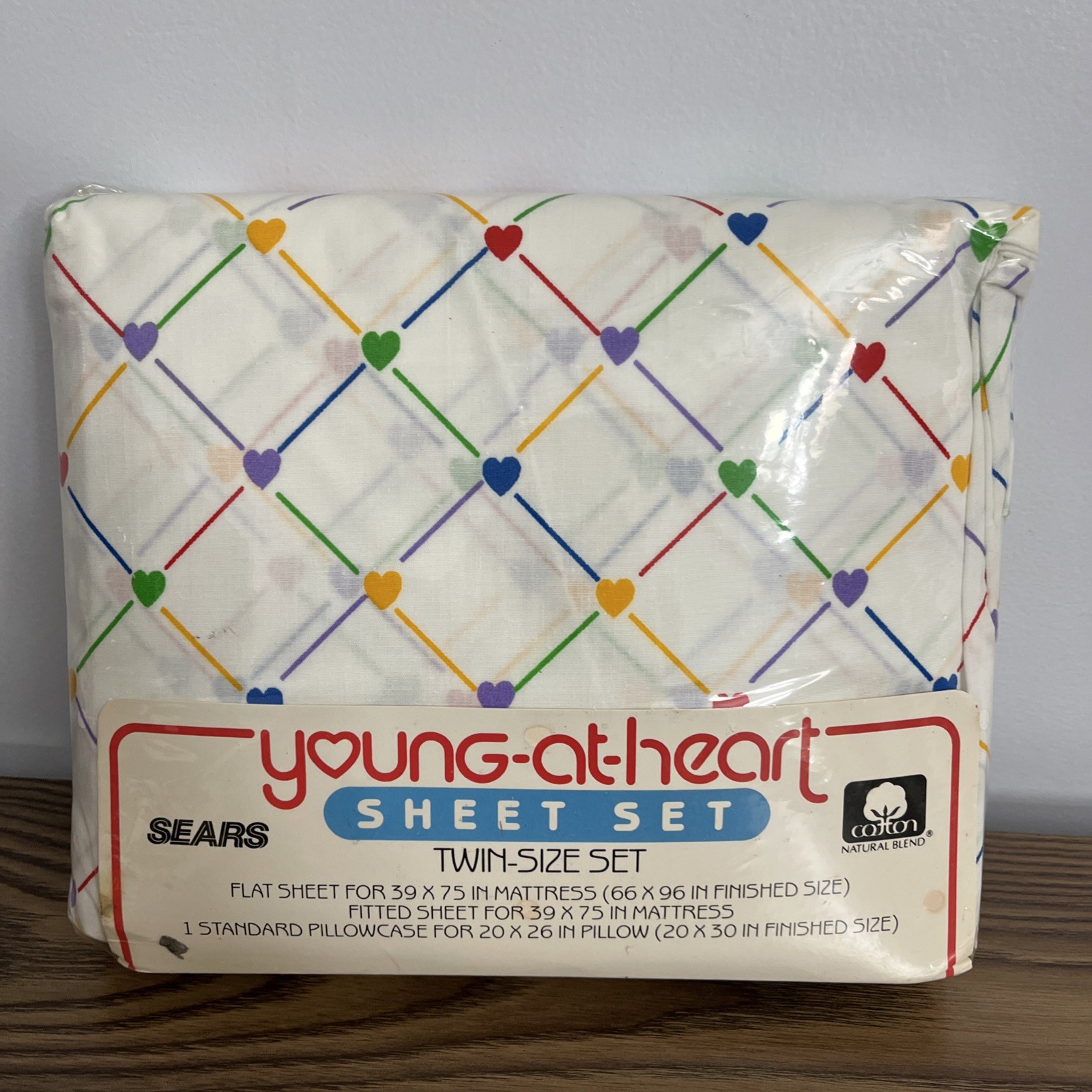 Vintage  Sears Young At Heart Rainbow Hearts Twin Size Sheet & Pillowcase Set