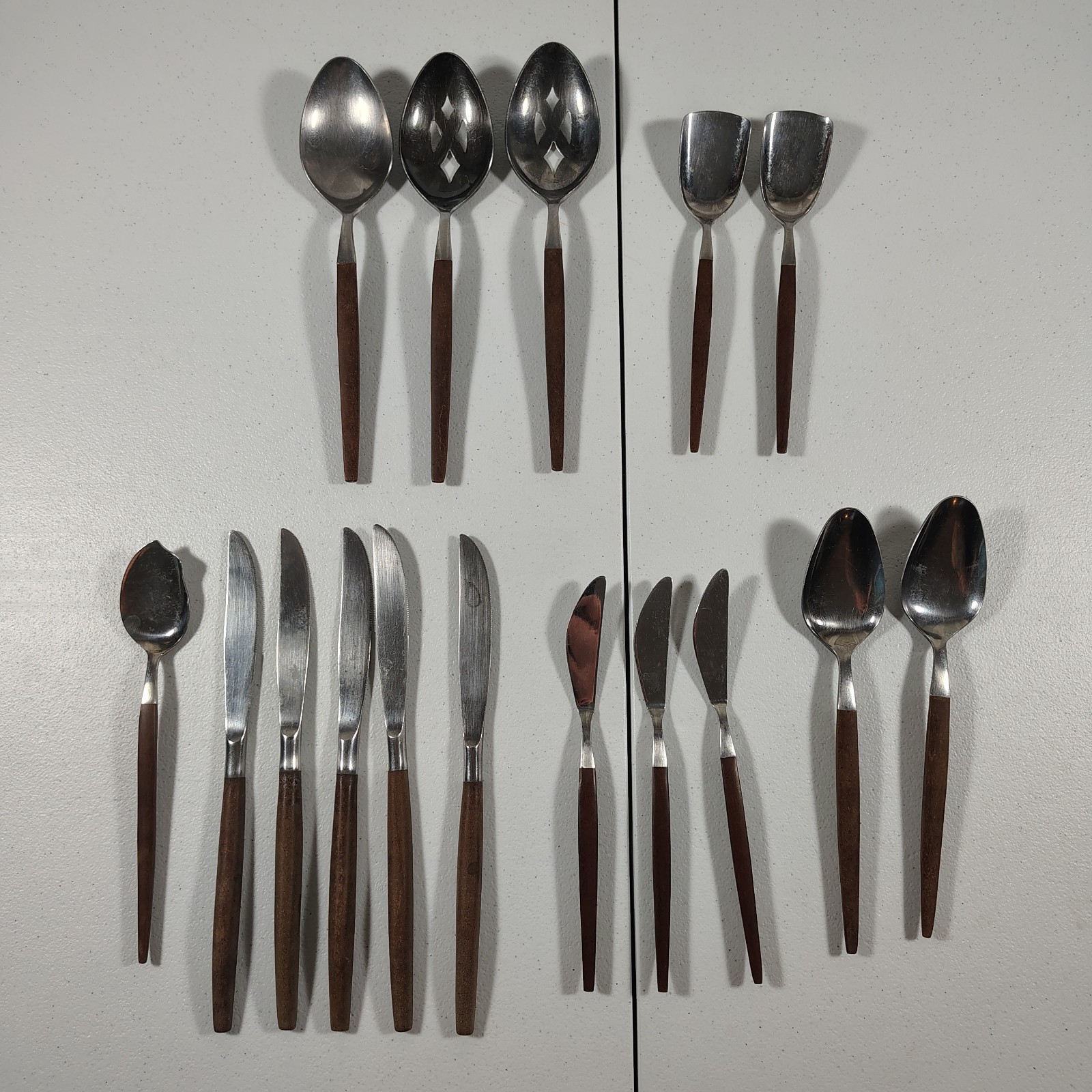 16 Pcs Vtg Epic Forged Stainless Steel Silverware/Flatware - Wood Handle - MCM