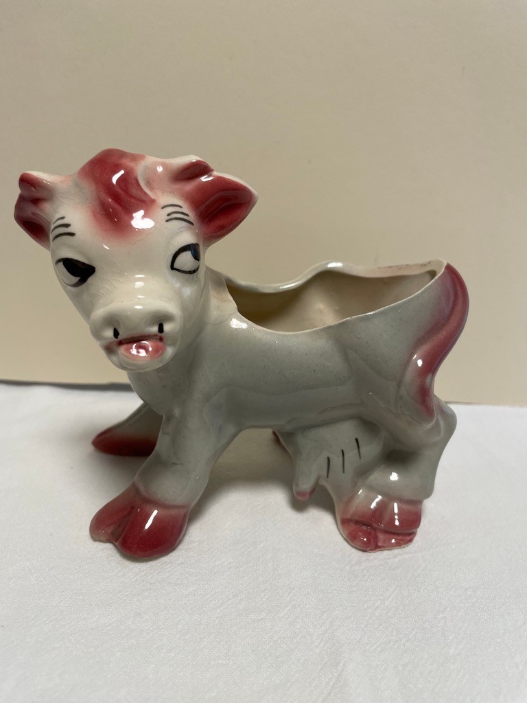 Vintage Mid-Century Pink & White Ceramic Calf Planter Figurine
