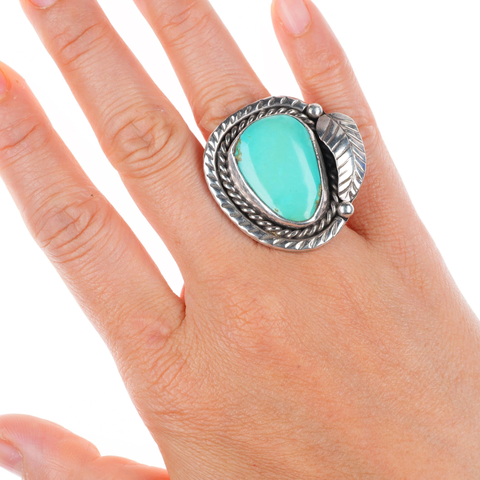 sz7 large vintage sterling silver turquoise rope bezel feather ring