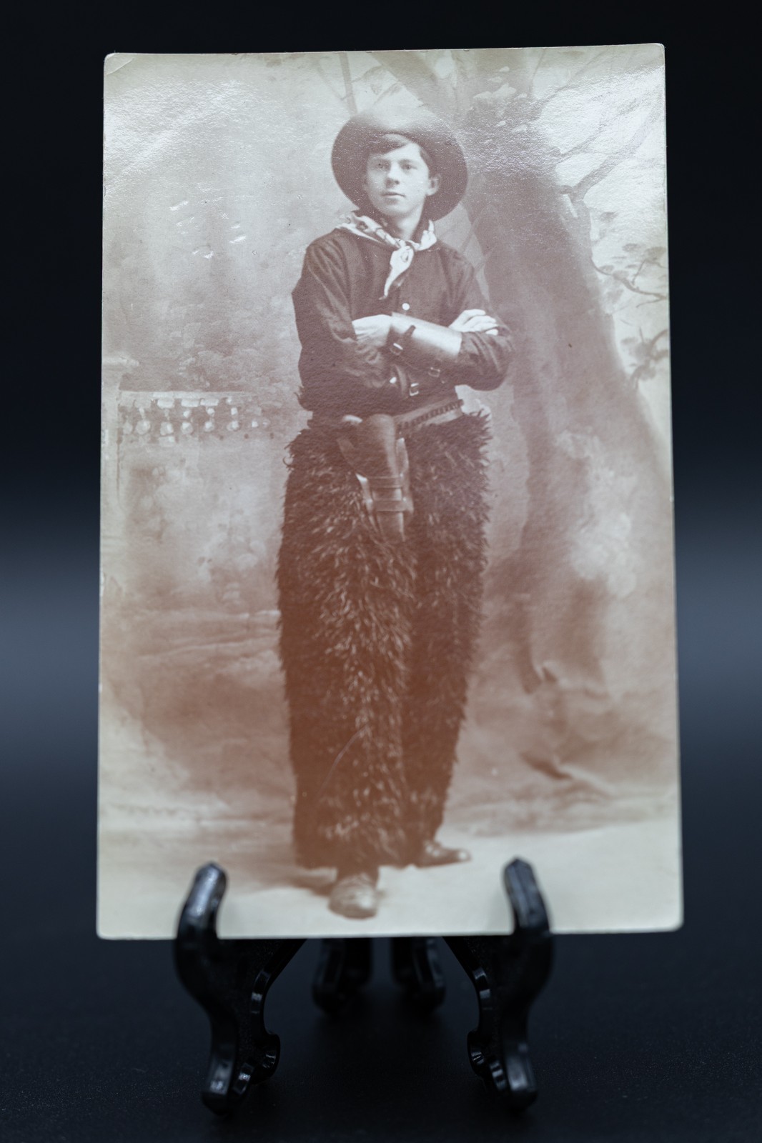 Antique 1900s RPPC Cowboy Photo Postcard Wooly Chaps Gun Holster Gauntlets Solio