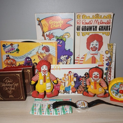 Vintage 70s 80s Ronald McDonald Collectible Lot Accessories Doll Chart Watch