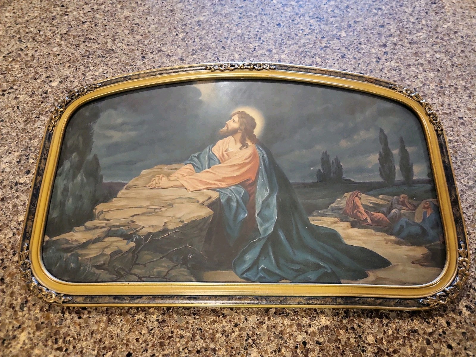 Jesus Praying Garden Gethsemane Litho Print W/ Antique Gold Frame 1940s Vintage
