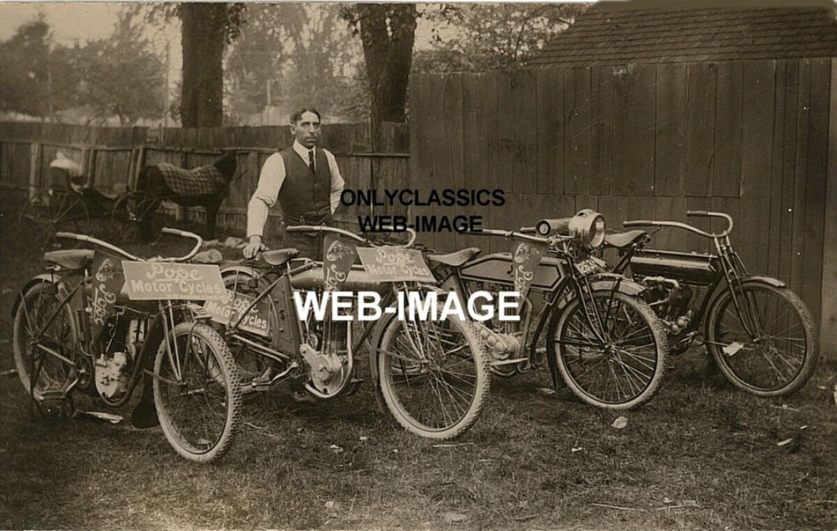 1912 VINTAGE POPE FLYING MERKEL MOTORCYCLE DEALER 8X12 PHOTO RACING SIGN PENNANT