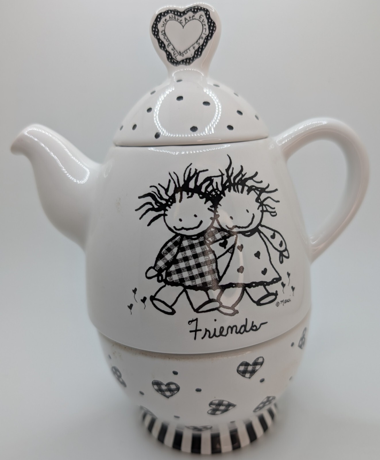 Enesco Marci Stackable Teapot & Cup Single Serving 3 Pcs Inc Lid Friends Hearts