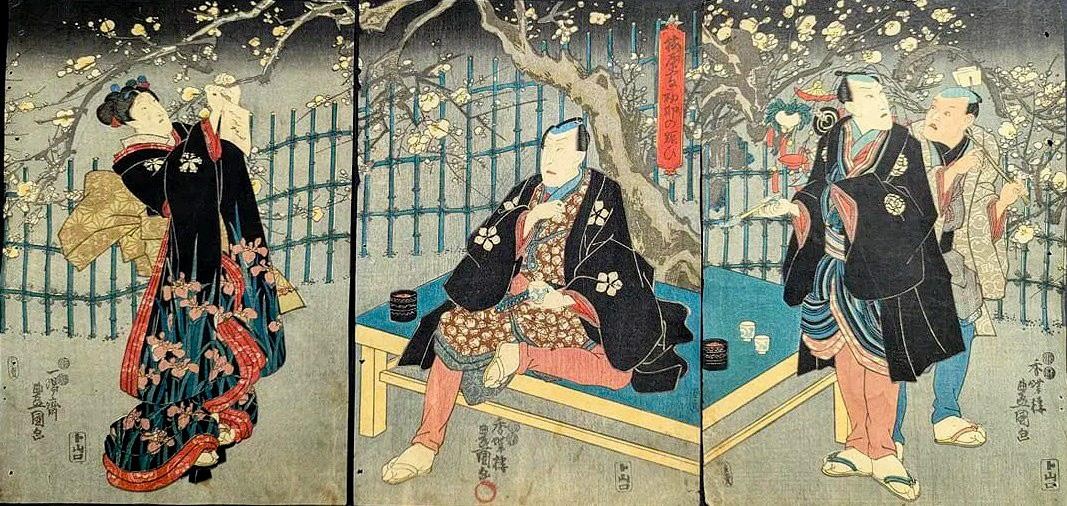 Antique Japanese Woodblock Print Triptych by Kunisada Actors Emjoying Ume c.184