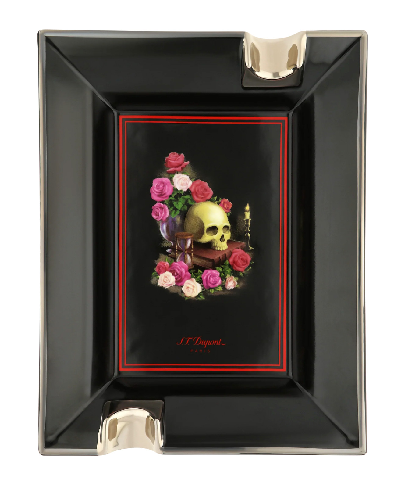 S.T. Dupont Porcelain Black Memento Mori, Skull & Roses Cigar Ashtray 006494 NIB