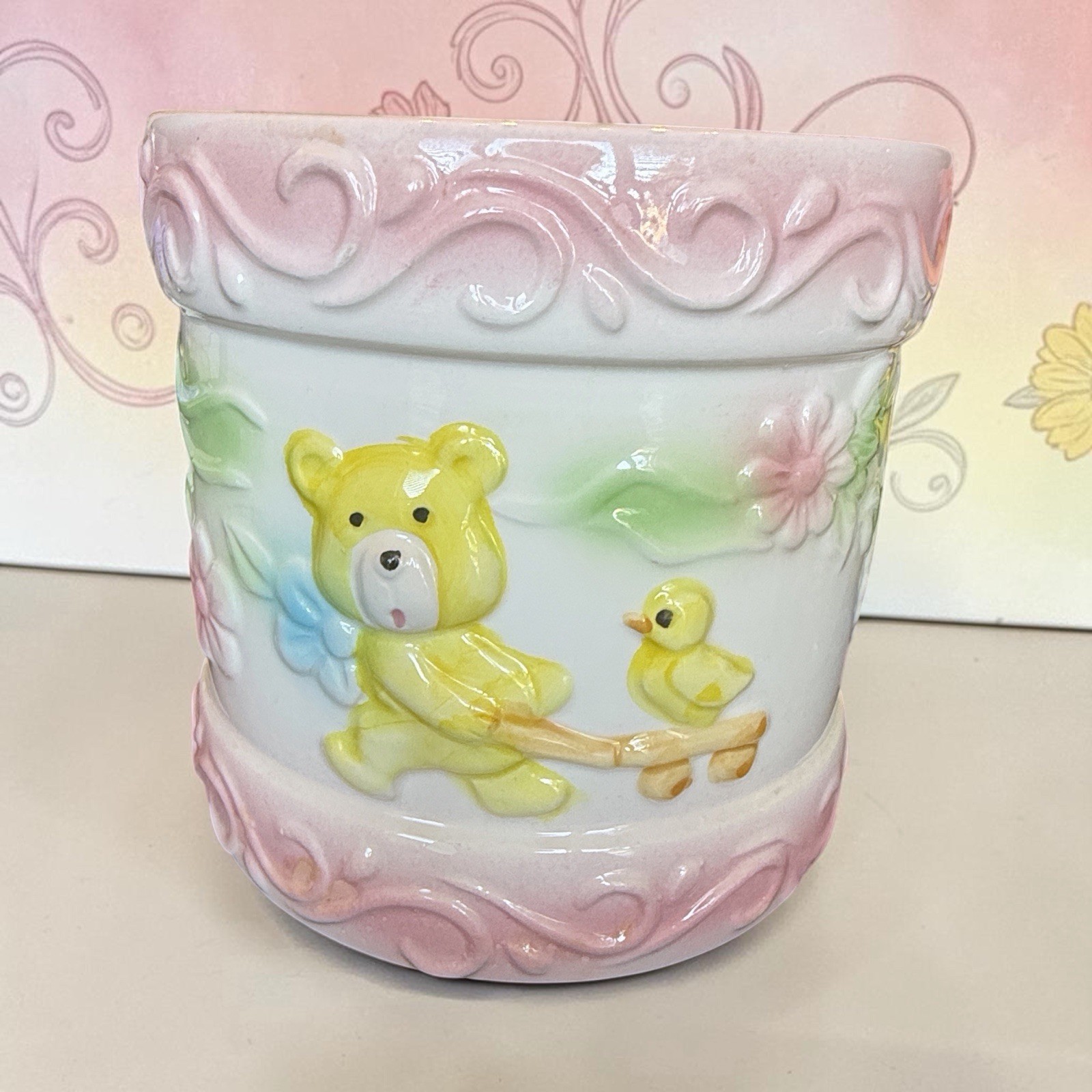 Vintage Nancy Pew Ceramic Planter, Japan. Nursery Planter Pink With Bear & Duck