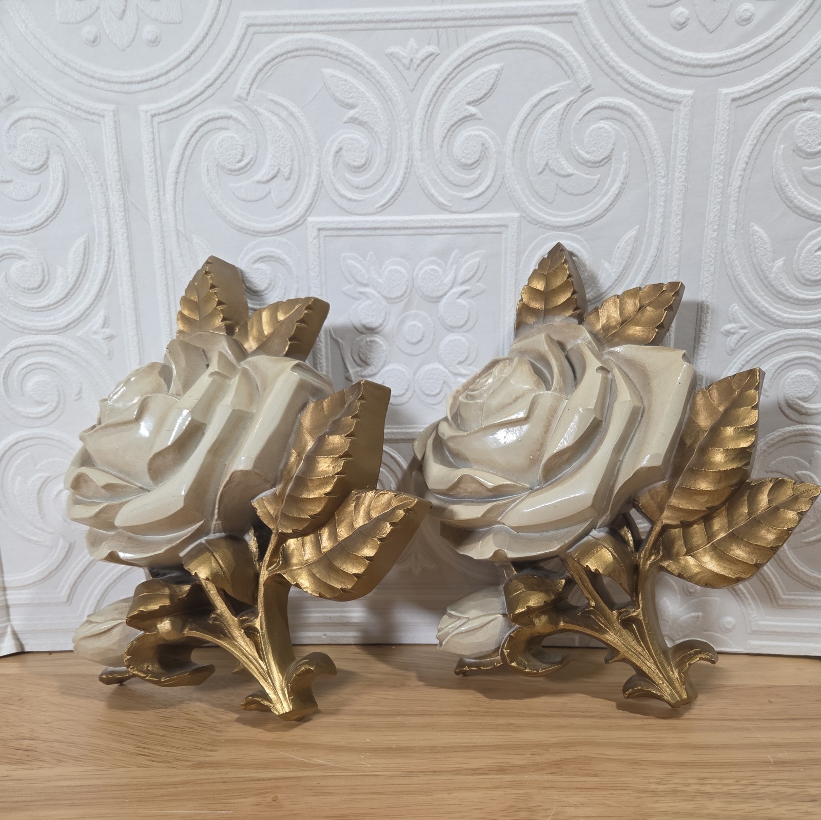 Vintage Pair Homco 1970\'s Hollywood Regency Style Rose Plaques  6\