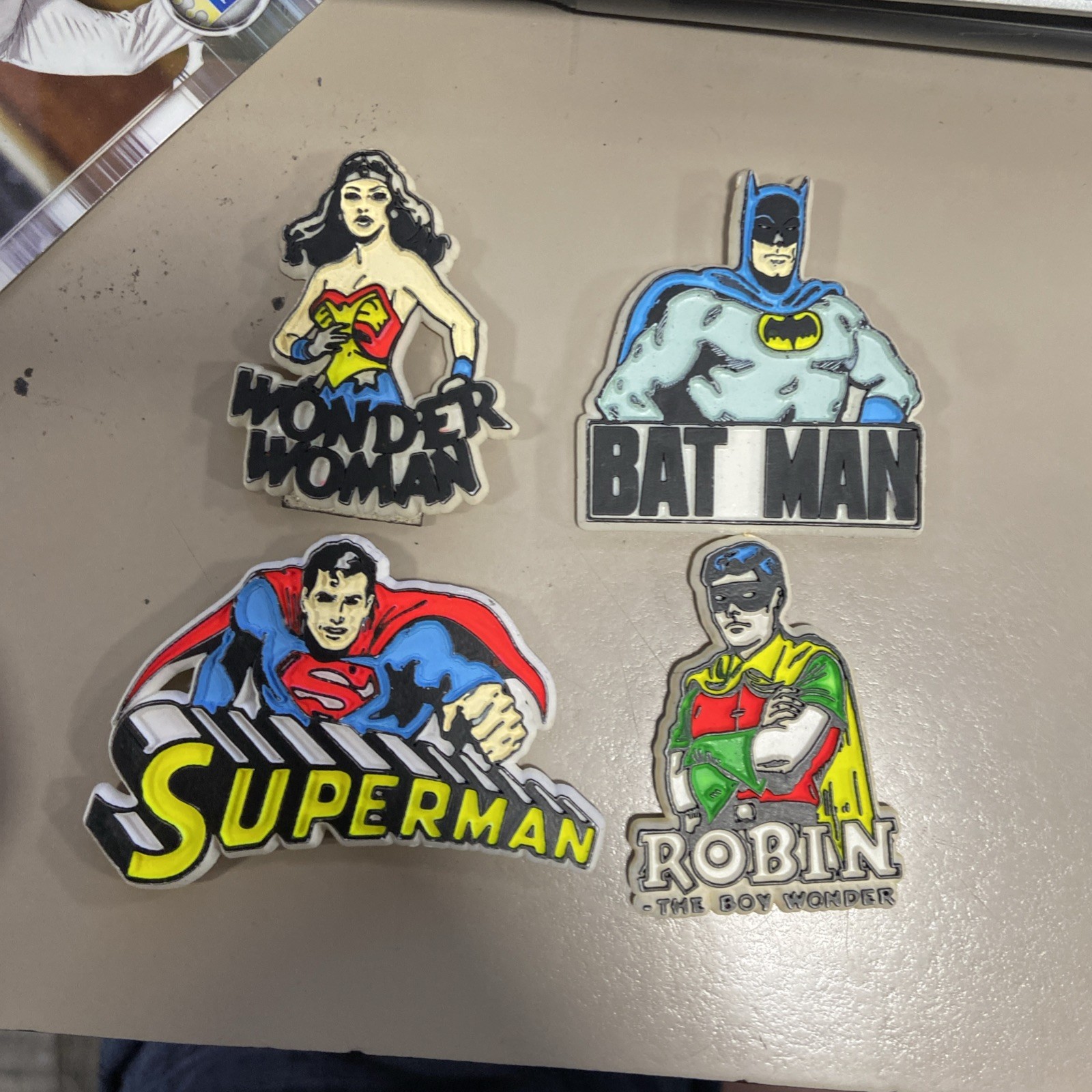Vintage 1970's Wonder Woman, Superman, Batman & Robin, Fridge Magnets Vintage 1970's Wonder Woman, Superman, Batman & Robin, Fridge Magnets
