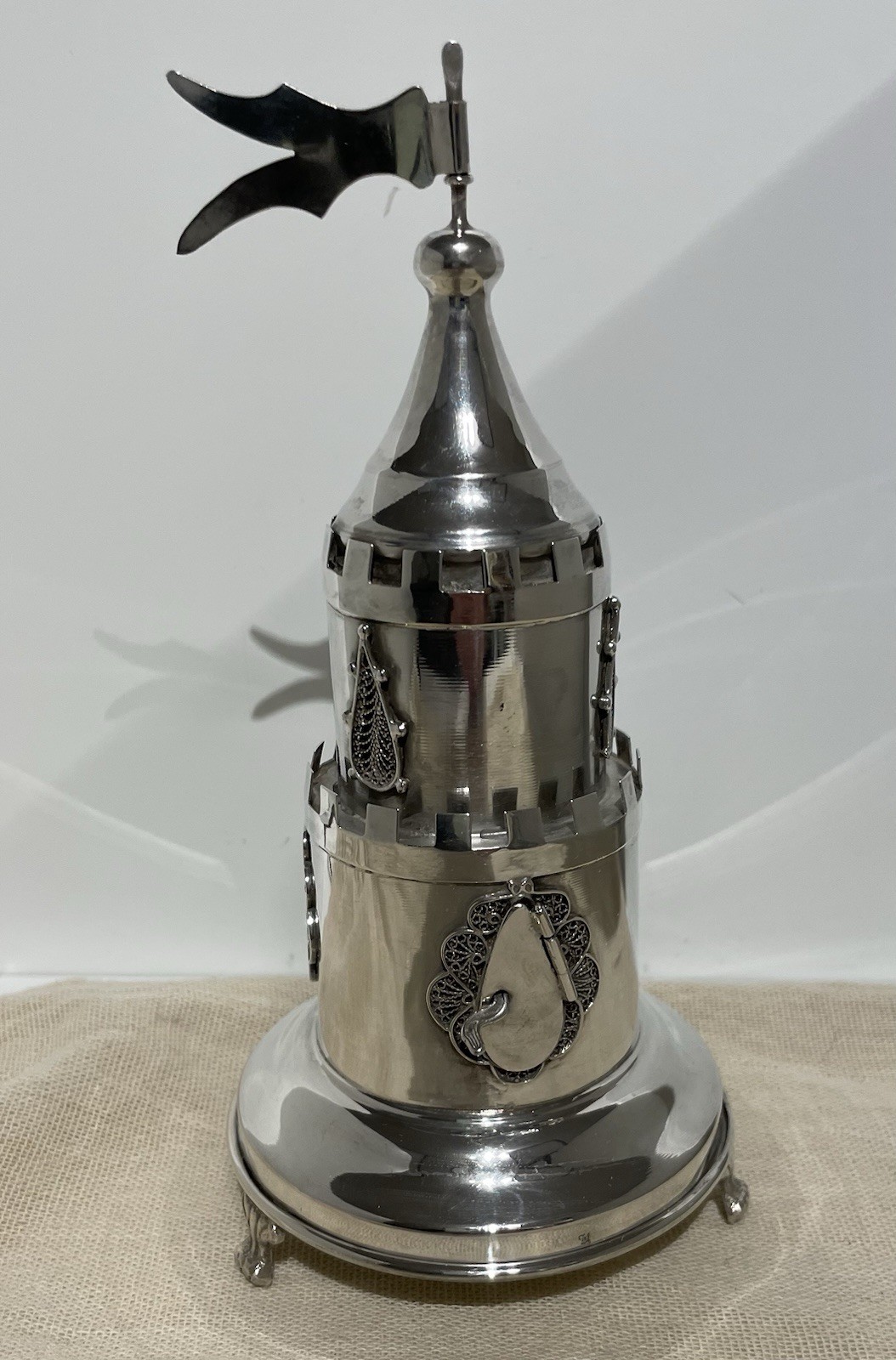 925 Sterling Silver Besamim Spice Box Tower Judaica Israel Filigree Flag 6.75