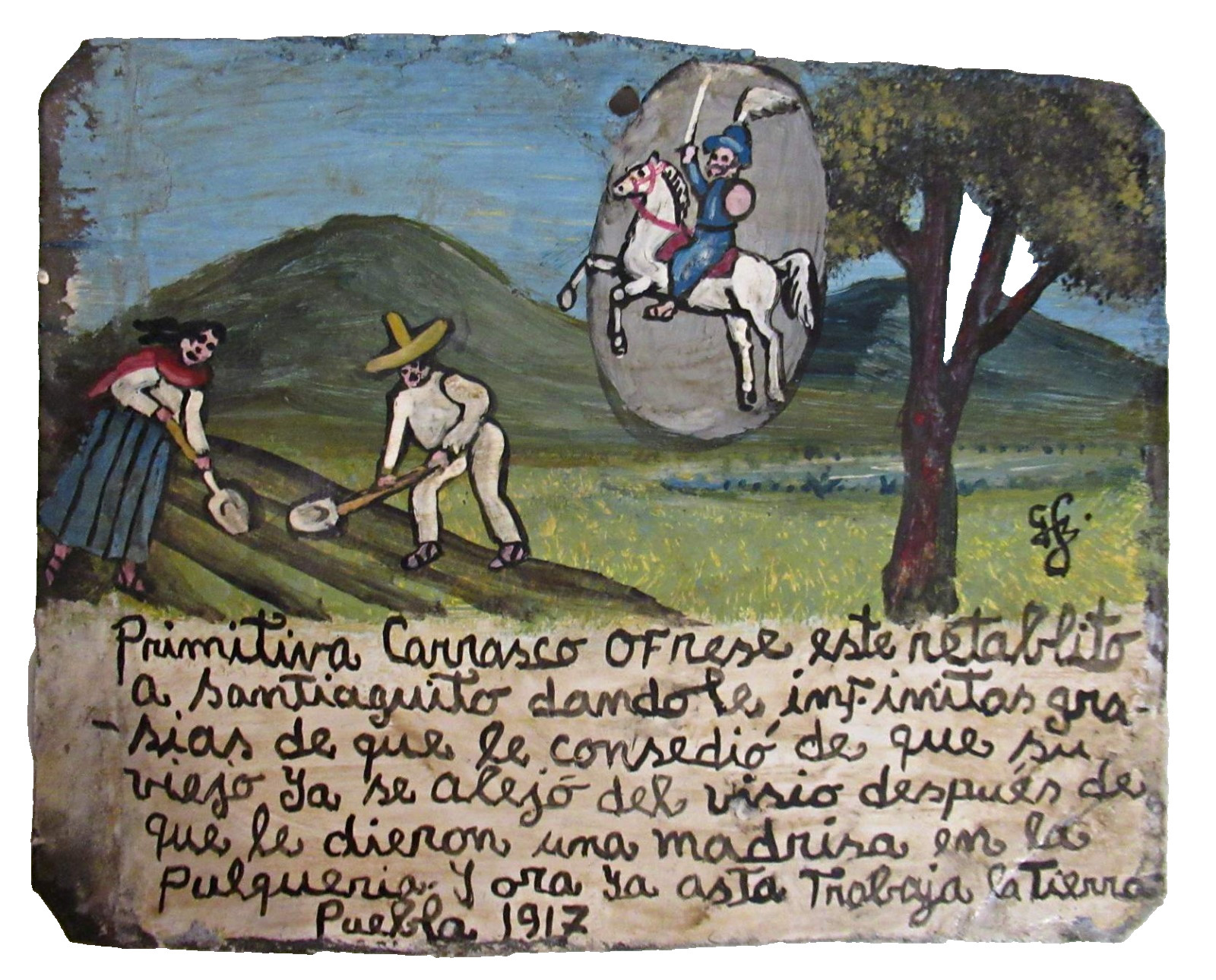 VTG HP MEXICAN TIN RETABLO APOSTLE SANTIAGO HELPS HUSBAND STOP DINKING in 1917